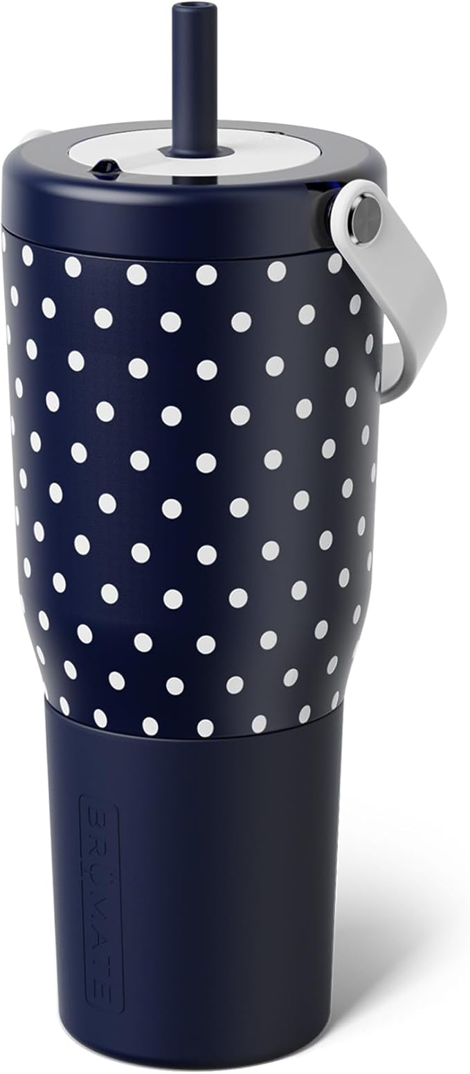 BrüMate Resa 35oz 100% Leakproof Tumbler w/Handle & Straw | Flexible SoftSip Straw | Silicone Sleeve for Durability | Stainless Steel | Cup Holder & Travel Friendly Water Bottle (Navy Polka Dots) by Br%C3%BCMate