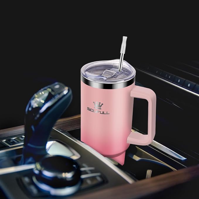 40 oz Tumbler with Handle and Straw Lid, 100% Leak-proof Travel Coffee Mug, Stainless Steel Insulated Cup for Hot and Cold Beverages, Keeps Cold for 34Hrs or Hot for 10Hrs, Dishwasher Safe (PinkRed) - Image 5