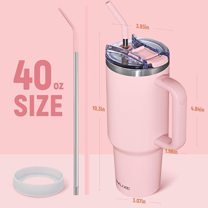 40 oz Tumbler with Handle and Straw Lid,Insulated Reusable Stainless Steel Water Bottle Travel Mug，Cupholder Friendly Double Wall Vacuum Sealed Cup (Pink) - Image 3