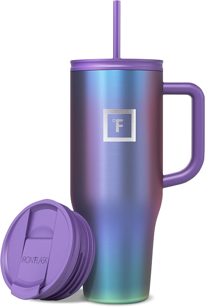 IRON °FLASK Co-Pilot Insulated Mug w/Straw & Flip Cap Lids - Cup Holder Bottle for Hot, Cold Drink - Leak-Proof - Water, Coffee Portable Travel Mug - Aurora, 40 Oz by IronFlask
