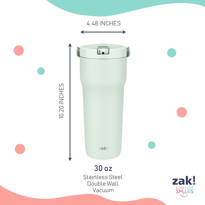 Zak Designs Sutton Travel Tumbler for On the Go, 30oz Stainless Steel with Vacuum Insulation, Straw Spout, Carry Handle for Cold Drinks (Icicle Mint Green) - Image 6