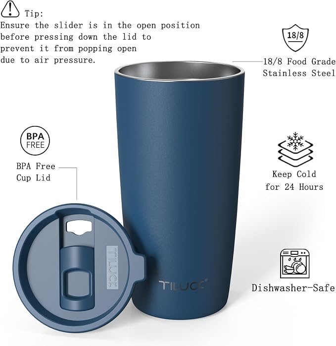 TILUCK 20 oz Insulated Tumbler with BPA-Free Lid, Stainless Steel Vacuum Travel Coffee Mug, Double Wall Coffee Tumbler（20oz，Matte DarkBlue） - Image 2