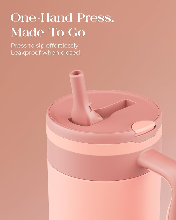 40 oz Insulated Tumbler with Handle and Push-Button Straw Lid, Stainless Steel Travel Cup for Gym Office, Leakproof, BPA-Free, Cup Holder Friendly, Bow Silicone Boot, (Peach Roasted) - Image 3