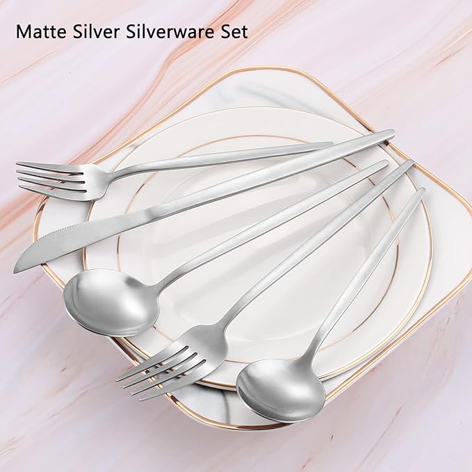 Matte Silverware Set, VANVRO 20-Piece Stainless Steel Flatware Set, Satin - Image 3