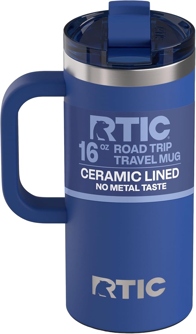 RTIC 16oz Road Trip Travel Mug with Lid and Handle, Ceramic Lined, Insulated, Stainless Steel, Metal, Double Wall Vacuum-Insulation, Portable Coffee, Tea Cup for Hot and Cold Drink, Cobalt by RTIC