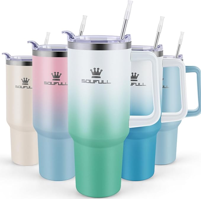40 oz Tumbler with Handle and Straw Lid, 100% Leak-proof Travel Coffee Mug, Stainless Steel Insulated Cup for Hot Cold Beverages, Keeps Cold for 34Hrs or Hot for 10Hrs, Dishwasher Safe (WhiteGreen) by SOUFULL