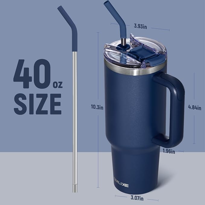 40 oz Tumbler with Handle and Straw Lid,Insulated Reusable Stainless Steel Water Bottle Travel Mug，Cupholder Friendly Double Wall Vacuum Sealed Cup (Navy) - Image 3
