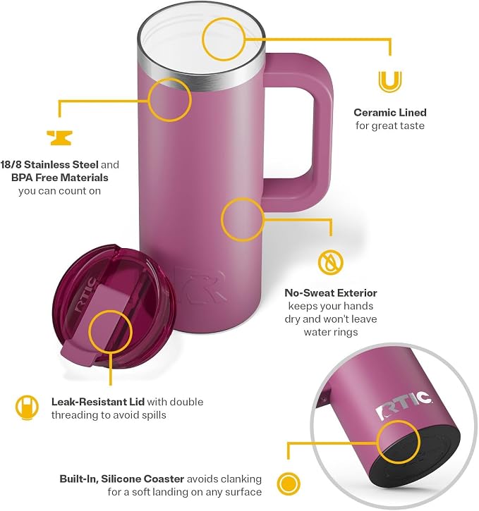 RTIC 20oz Road Trip Travel Mug with Lid and Handle, Ceramic Lined, Insulated, Stainless Steel, Metal, Double Wall Vacuum-Insulation, Portable Coffee, Tea Cup for Hot and Cold Drink, Orchid - Image 4