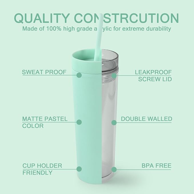 sweet grain Skinny Tumblers with Lids and Straws(6 Pack) - 16oz Matte Pastel Colored Skinny Acrylic Tumblers, Double Wall Plastic Tall Skinny Tumblers Bulk for Cold Hot Drinks - Mint Green - Image 3