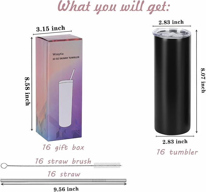 16 Pack 20 Oz Straight Skinny Tumblers,Individually Gift Boxed Stainless Steel Slim Skinny Tumbler Set Bulk, 20 Oz Insulated Slim Thin Travel Tumbler Cup for Diy, Black - Image 2