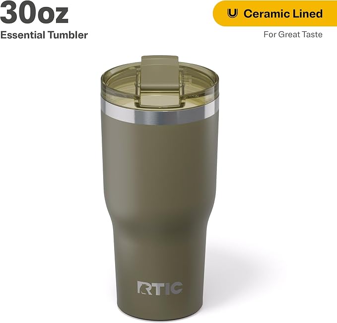 RTIC 30oz Essential Tumbler with Lid, Ceramic Lined, Insulated, Stainless Steel, Metal, Double Wall Vacuum-Insulation, Travel Cup for Iced Coffee, Tea, Hot and Cold Drink, Olive - Image 2
