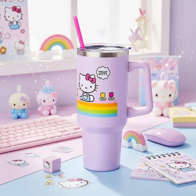 Silver Buffalo Sanrio Hello Kitty Spring and Summer Flowers Rainbow Stripes Double Walled Stainless Steel Tumbler with Handle and Straw, Fits in Standard Cup Holder, 40 Ounces - Image 8