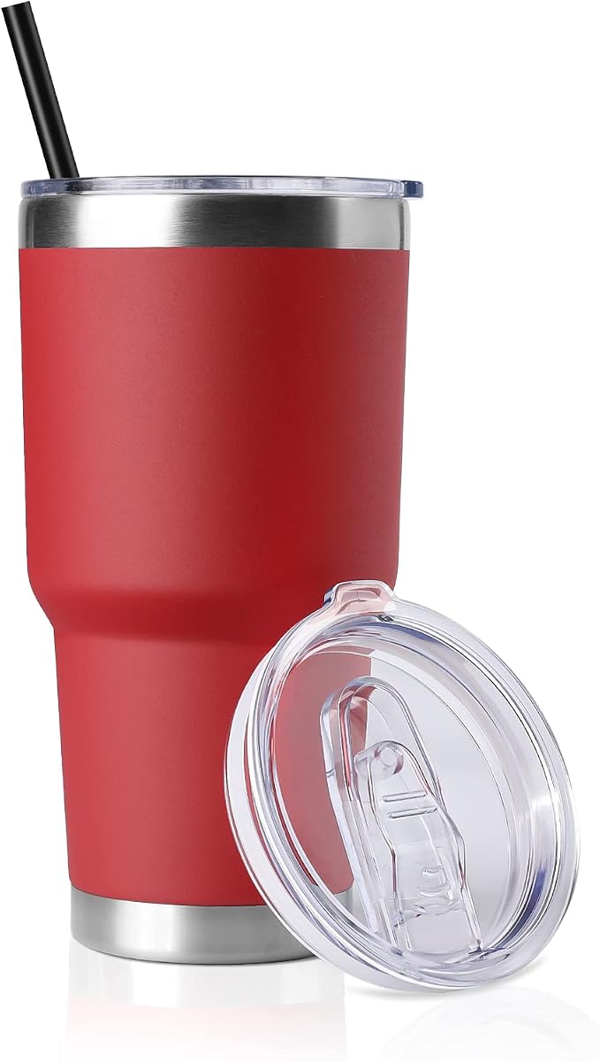 DOMICARE 30 oz Tumbler with Lid and Straw, Stainless Steel Tumblers Bulk, Insulated Vacuum Double Wall Travel Coffee Mug, Durable Powder Coated Tumbler Cup (Red, 1) by VisittheDOMICARE