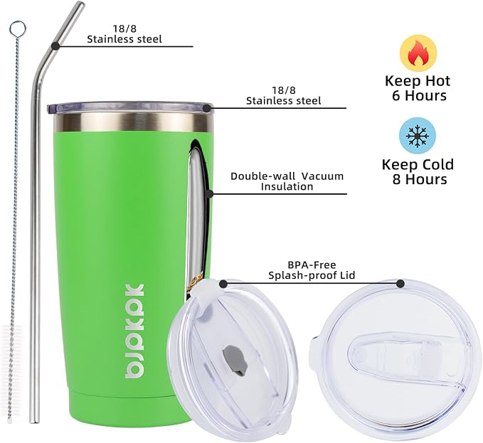 BJPKPK 20oz Tumbler with Lid and Straw Stainless Steel Tumbler Cup Vacuum Insulated Double Wall Travel Coffee Mug,Green - Image 2
