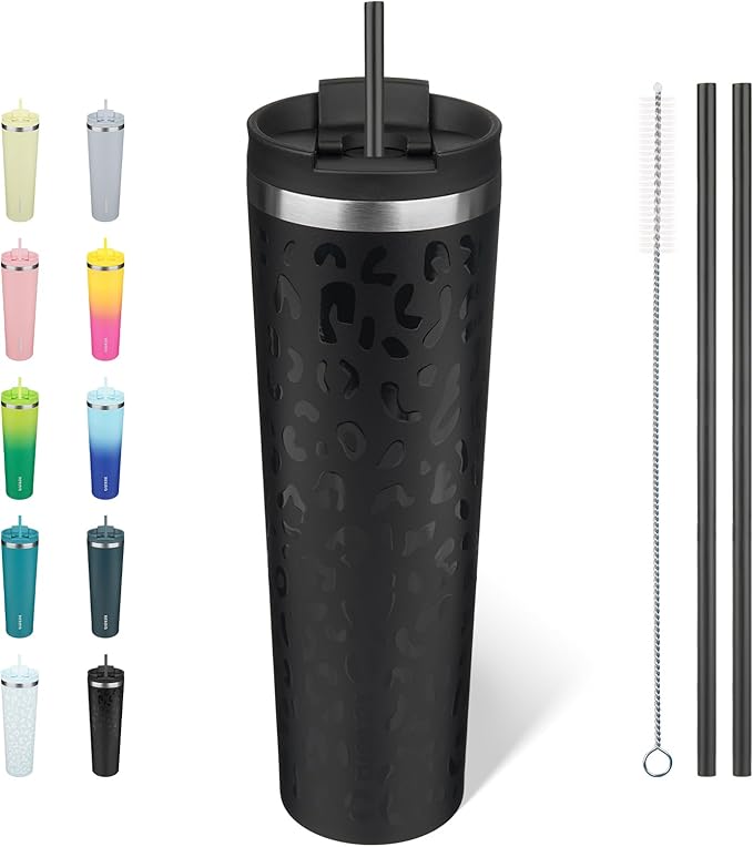 BJPKPK 34oz Insulated Tumbler With lid And Straw Stainless Steel Tumblers Travel Coffee Mug Reusable Thermal Cup,Black Leopard by BJPKPK