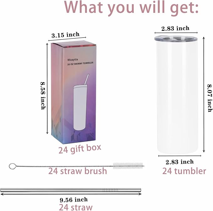 24 Pack 20 Oz Straight Skinny Tumblers,Individually Gift Boxed Stainless Steel Slim Skinny Tumbler Set Bulk, 20 Oz Insulated Slim Thin Travel Tumbler Cup for Diy, White - Image 6