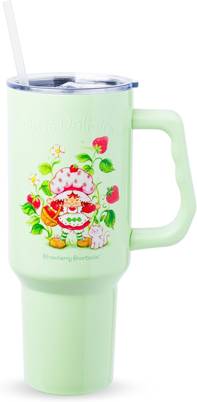 Silver Buffalo Strawberry Shortcake and Custard “Life is Delicious!” Double Walled Stainless Steel Tumbler with Handle, Fits in Standard Cup Holder, 40 Ounces by SilverBuffalo