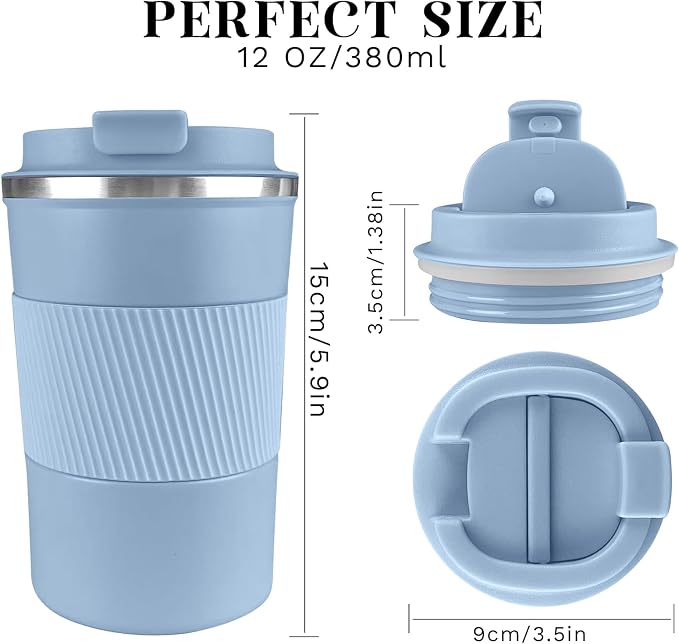 YINBAOGE Insulated Travel Coffee Mug, Spill & Leak Proof, Portable To Go Camping Stainless Steel Coffee Tumbler, Reusable Thermal Coffee Cup with Lid for Hot & Cold Drinks (Light blue, 12 OZ) - Image 3