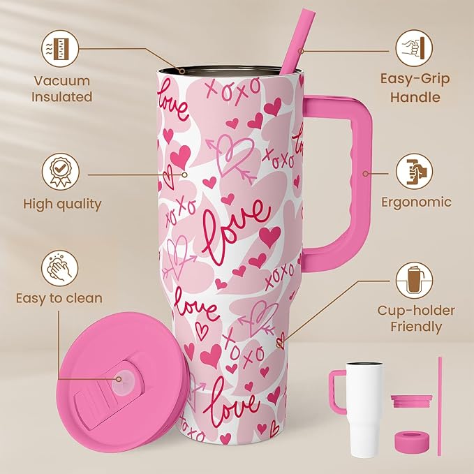 SANDJEST Heart Tumbler with Handle 40oz, Valentines Stainless Steel Insulated Tumblers Coffee Travel Cup with Straw Lid, Gifts for Women Girl - Image 2