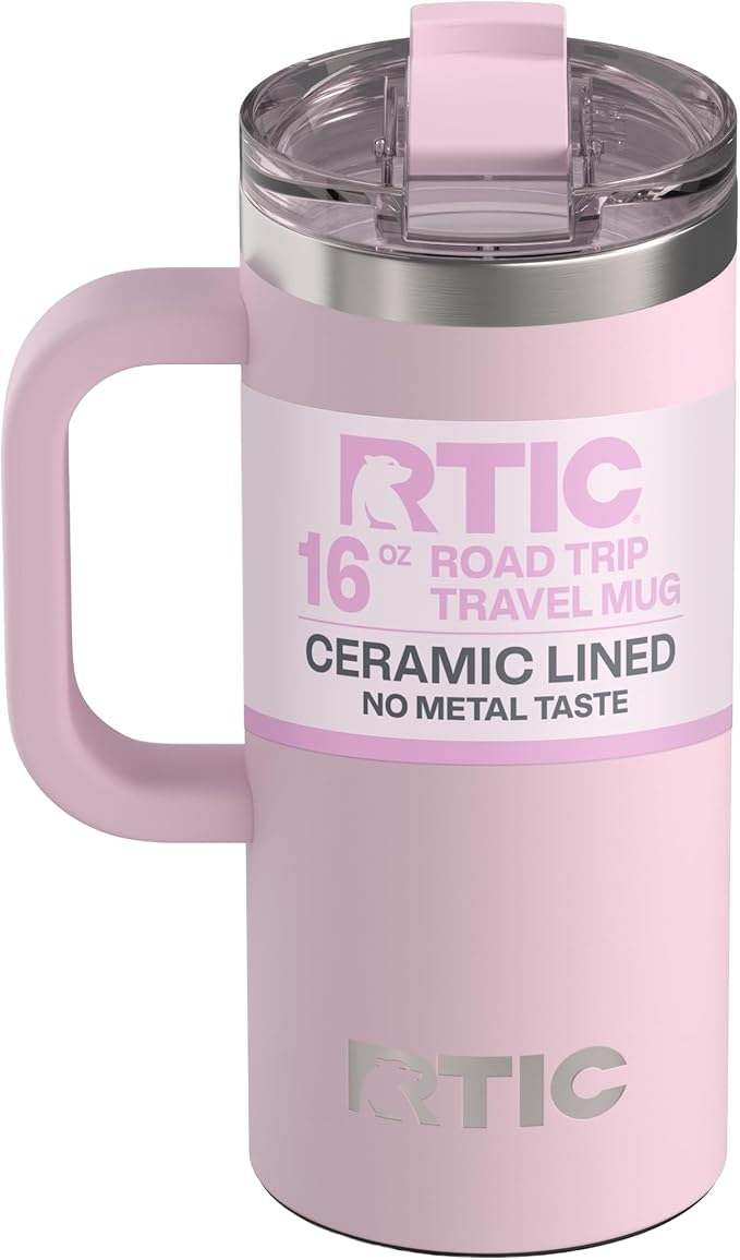 RTIC 16oz Road Trip Travel Mug with Lid and Handle, Ceramic Lined, Insulated, Stainless Steel, Metal, Double Wall Vacuum-Insulation, Portable Coffee, Tea Cup for Hot and Cold Drink, Pale Pink by RTIC