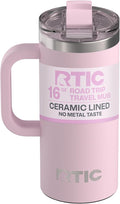 RTIC 16oz Road Trip Travel Mug with Lid and Handle, Ceramic Lined, Insulated, Stainless Steel, Metal, Double Wall Vacuum-Insulation, Portable Coffee, Tea Cup for Hot and Cold Drink, Pale Pink by RTIC
