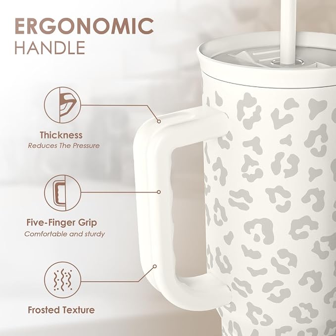SANDJEST Leopard Tumbler with Handle, Insulated Cup Stainless Steel Travel Mug Cup, Gifts for Women Girl on Birthday Christmas, Cream Leopard, 40oz - Image 3