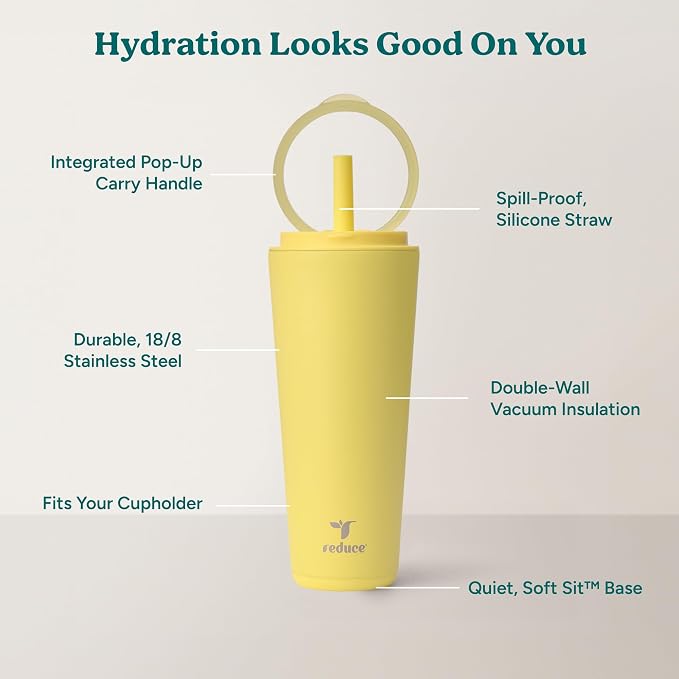REDUCE Halo 32 oz Stainless Steel Vacuum Insulated Tumbler - Spill Proof Travel Mug with Flip Handle Lid - Keeps Drinks Cold for 32 Hrs - Dishwasher Safe - Cupholder Friendly - Pina Colada - Image 3