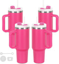 4 Pack 40 Oz Tumblers with Handle Bulk, Double Wall Vacuum Insulated Stainless Steel Tumblers with Lid and Straw, 40 oz Cups with Silicone Spill Proof Stopper Set (Hot Pink) by Temolulu