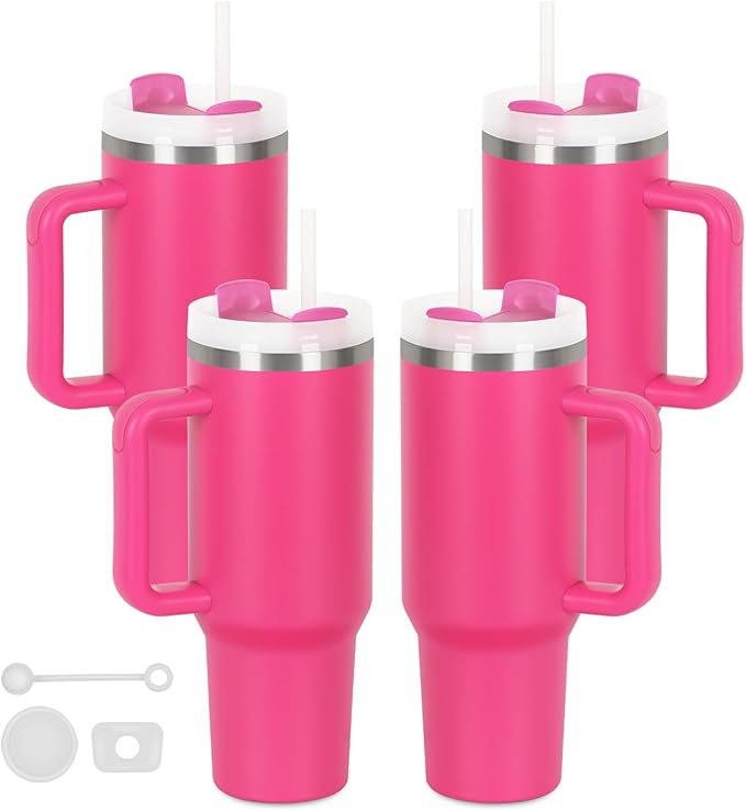 4 Pack 40 Oz Tumblers with Handle Bulk, Double Wall Vacuum Insulated Stainless Steel Tumblers with Lid and Straw, 40 oz Cups with Silicone Spill Proof Stopper Set (Hot Pink) by Temolulu