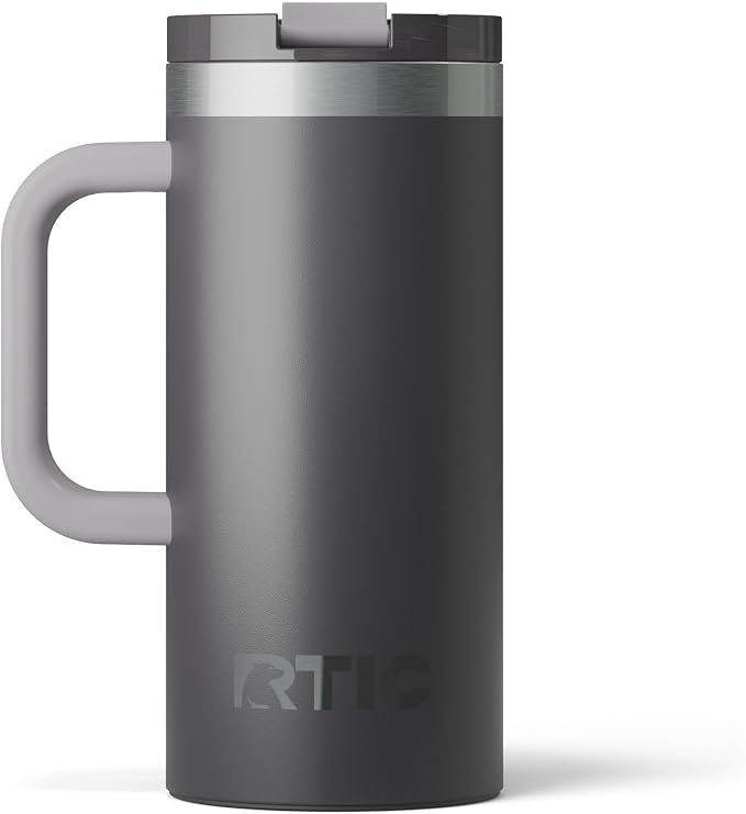 RTIC 16oz Road Trip Travel Mug with Lid and Handle, Ceramic Lined, Insulated, Stainless Steel, Metal, Double Wall Vacuum-Insulation, Portable Coffee, Tea Cup for Hot and Cold Drink, Graphite by RTIC