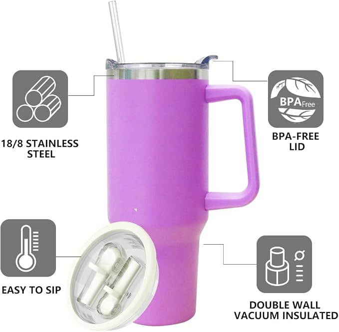 SYACOT 40 oz Tumbler with Handle and Straw Stainless Steel Insulated Tumbler Leak Proof Lid and Straw Lid Reusable Travel Mug Coffee Mug Cup Dishwasher Safe Keep Drinks Cold and Hot (Lilac) - Image 4