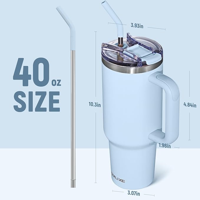 40 oz Tumbler with Handle and Straw Lid,Insulated Reusable Stainless Steel Water Bottle Travel Mug，Cupholder Friendly Double Wall Vacuum Sealed Cup (Sky Blue) - Image 3