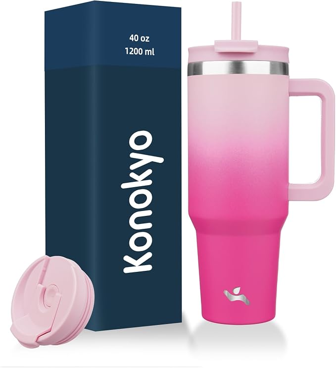 Konokyo 40 oz Tumbler with Handle and 2 Straws,2 in 1 Lid Insulated Water Bottle Stainless Steel Travel Coffee Mug,Cherry Blossoms by Konokyo