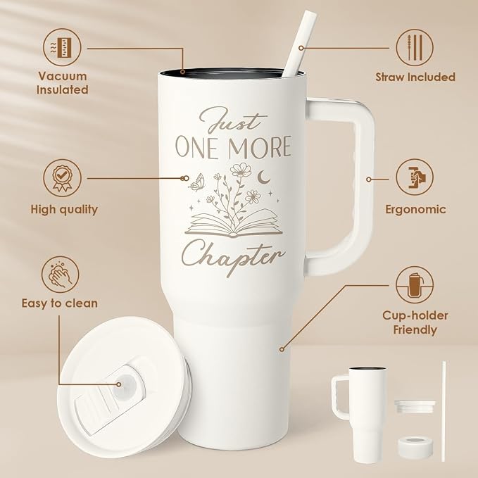 Book Lover Gifts for Women, Just One More Chapter Tumbler with Handle, Stainless Steel Insulated Coffee Travel Mug Cup, Gifts for Women Girls Bookworm on Christmas Birthday, 40oz - Image 2