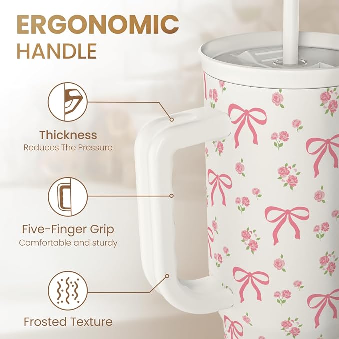 Bow Tumbler with Handle 40oz, Stainless Steel Insulated Tumblers Coffee Travel Cup with Slider Straw Lid, Gifts for Women Teen Girls Birthday - Image 3