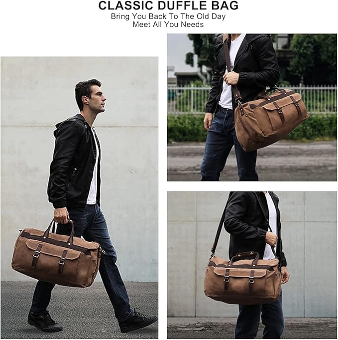 Duffle Bag for Men Waterproof Genuine Leather Canvas Travel Duffel Bags for - Image 5