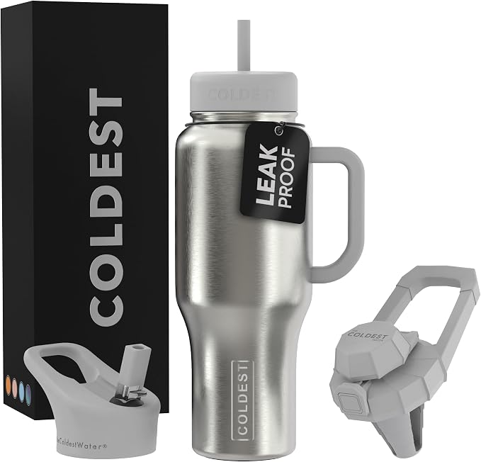 Coldest Tumbler with Handle and Straw - 100% Leak Proof Insulated Tumbler with Lid and Straw (3 Lids) - Stainless Steel Tumblers for Women & Men, Cup Holder Friendly Base, 36 oz (Polished Steel) by Coldest
