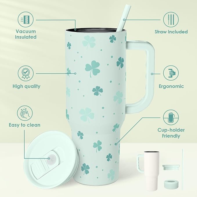40oz Shamrock Tumbler with Handle and Straw - Insulated Stainless Steel Coffee Travel Mug, Christmas St. Patrick's Day Irish Gifts - Image 2