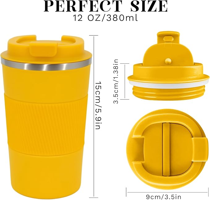 YINBAOGE Insulated Travel Coffee Mug, Spill & Leak Proof, Portable To Go Camping Stainless Steel Coffee Tumbler, Reusable Thermal Coffee Cup with Lid for Hot & Cold Drinks (Yellow, 12 OZ) - Image 3