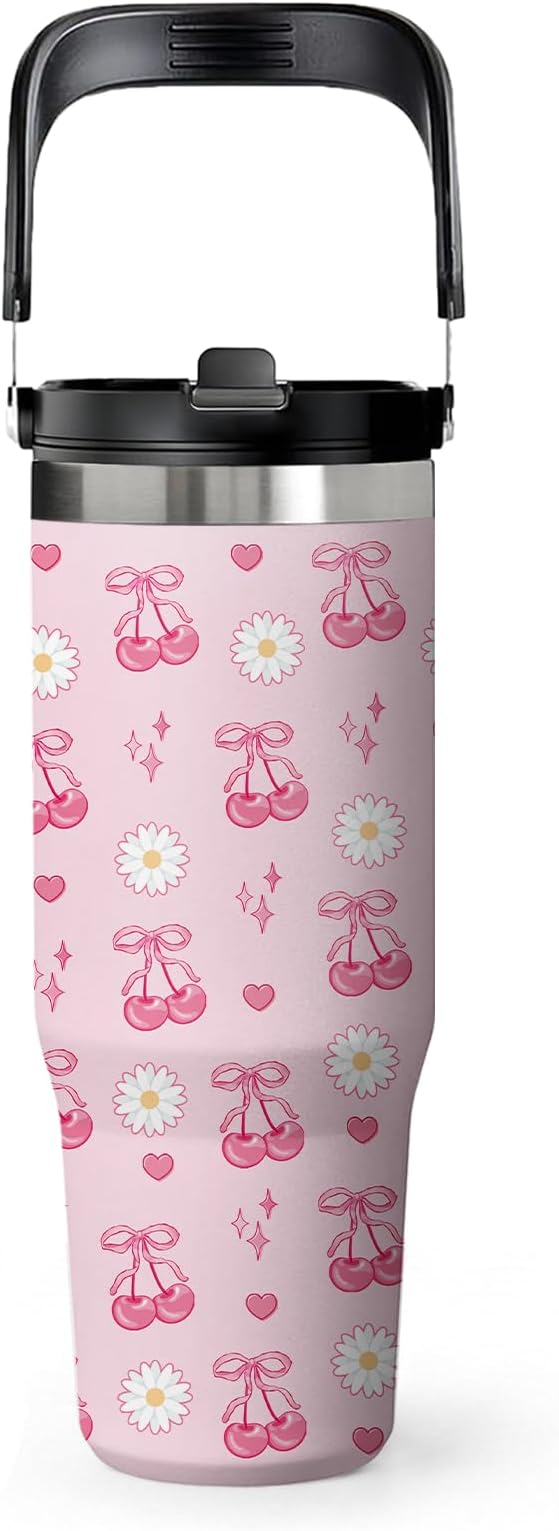Pink Cherry Tumbler 30oz with Handle - Stainless Steel Insulated Cup, Leakproof Water Bottle with Cherry Design for Women & Girls, Perfect Birthday Christmas Gift by welcometoHYMONA