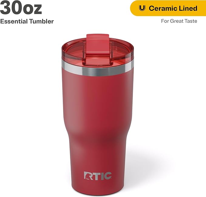 RTIC 30oz Essential Tumbler with Lid, Ceramic Lined, Insulated, Stainless Steel, Metal, Double Wall Vacuum-Insulation, Travel Cup for Iced Coffee, Tea, Hot and Cold Drink, Flag Red - Image 2