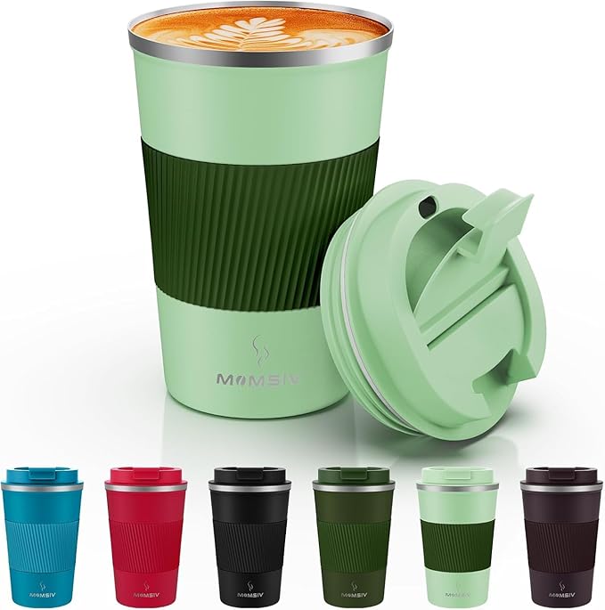 MOMSIV 12oz Travel Mug, Insulated Coffee Cup with Leakproof Lid, Vacuum Stainless Steel Double Walled Reusable Tumbler for Hot and Cold Water Coffee and Tea In Travel and Car (Green-380ml) by MOMSIV