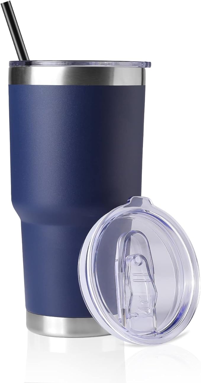 DOMICARE 30 oz Tumbler with Lid and Straw, Stainless Steel Tumblers Bulk, Insulated Vacuum Double Wall Travel Coffee Mug, Durable Powder Coated Tumbler Cup (Navy, 1) by VisittheDOMICARE