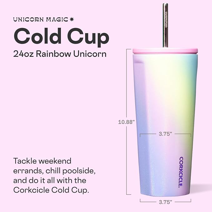 Corkcicle Cold Cup Insulated Tumbler with Straw - Keeps Drinks Cold for 12 Hours - Triple-Insulated Stainless Steel - Leak-Resistant Lid - Summer Drinkware Gift - 24 oz - Rainbow Unicorn - Image 2