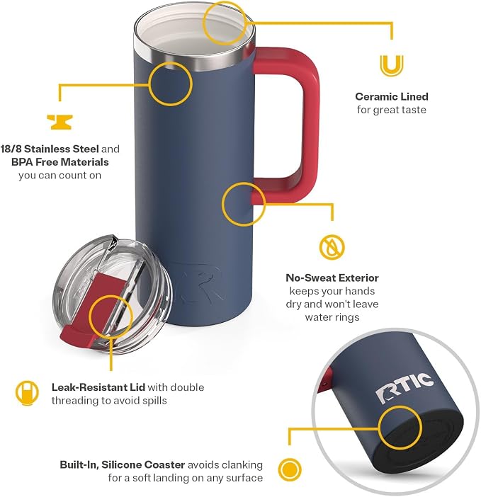 RTIC 20oz Road Trip Travel Mug with Lid and Handle, Ceramic Lined, Insulated, Stainless Steel, Metal, Double Wall Vacuum-Insulation, Portable Coffee, Tea Cup for Hot and Cold Drink, Patriot - Image 3