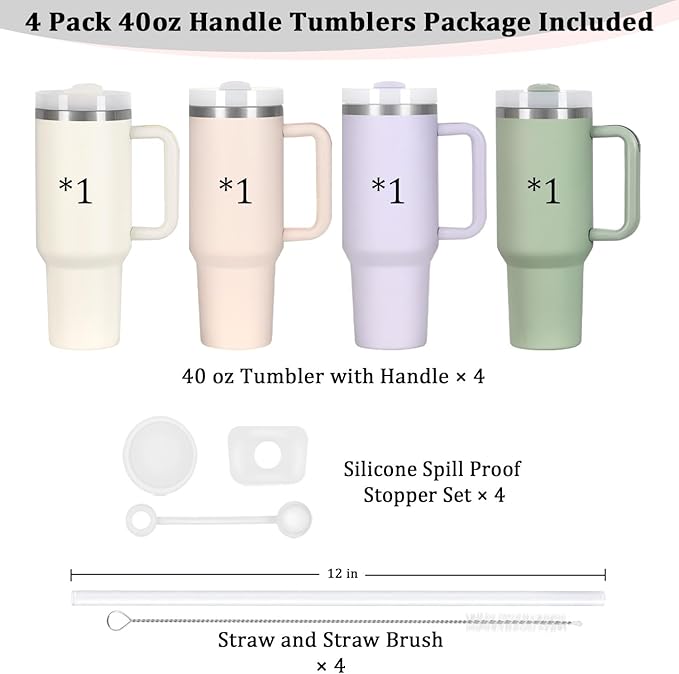 4 Pack 40 Oz Tumbler with Handle Bulk, Double Wall Vacuum Insulated Stainless Steel Tumbler with Lid and Straw, 40 oz cup with Silicone Spill Proof Stopper Set (Cream,Purple,Dark Green,Rose Quartz) - Image 4