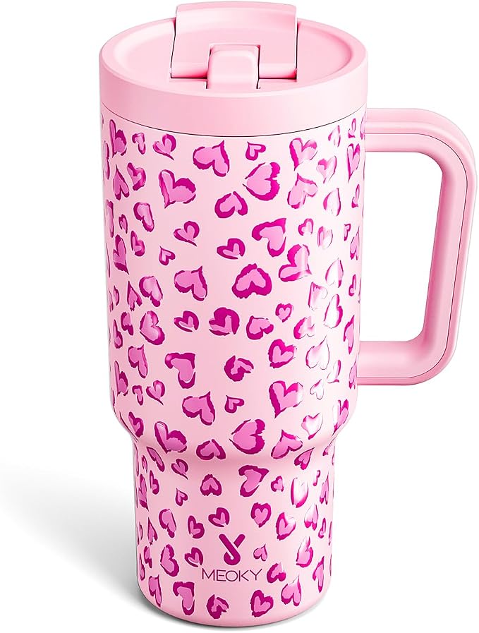 Meoky 32 oz Tumbler with Handle and Flip Straw, 100% Leakproof Tumbler with Lid and Straw, Stainless Steel Insulated Cup, Cupholder Friendly, Keeps Cold for 24 Hours (Love) by MEOKY