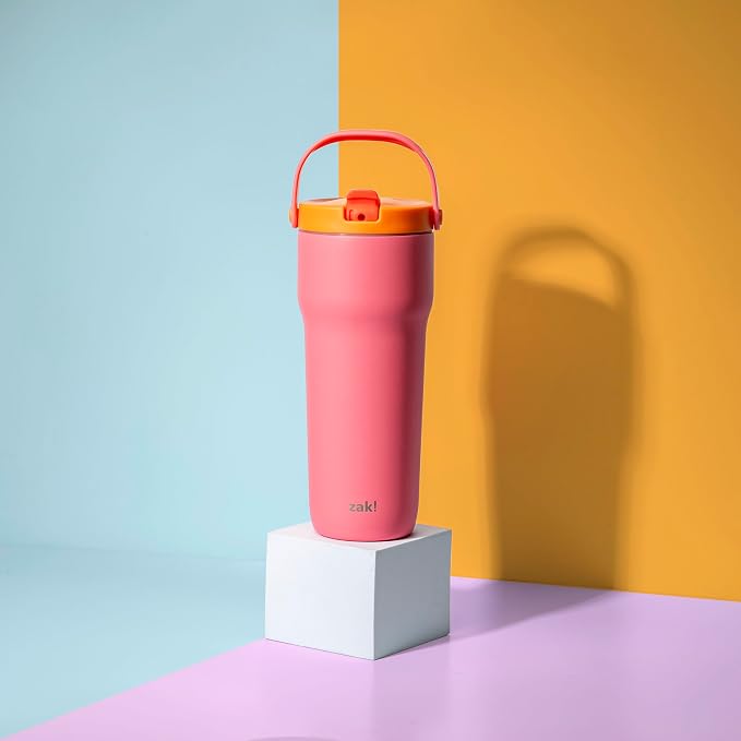 Zak Designs Sutton Travel Tumbler for On the Go, 30oz Stainless Steel with Vacuum Insulation, Straw Spout, Carry Handle for Cold Drinks (So Sweet Pink) - Image 7