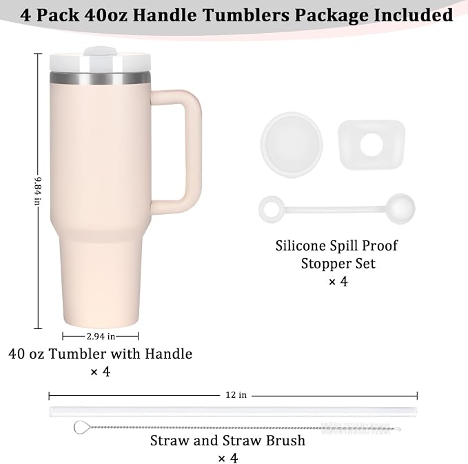 4 Pack 40 Oz Tumbler with Handle Bulk, Double Wall Vacuum Insulated Stainless Steel Tumbler with Lid and Straw, 40 oz cup with Silicone Spill Proof Stopper Set (Rose Quartz) - Image 3