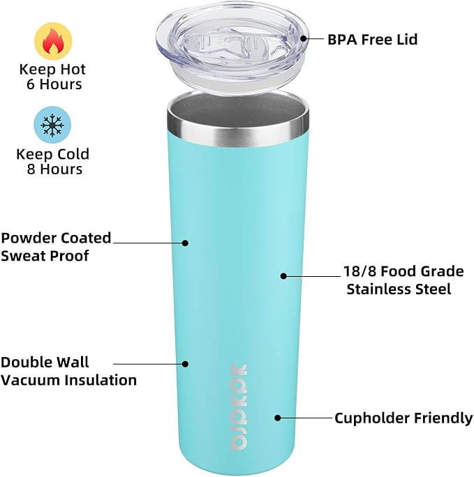 BJPKPK 2 Pack 20oz Skinny Tumblers with Lid Insulated Travel Coffee Cup Stainless Steel Thermal Mug,Turquoise,Turquoise - Image 2